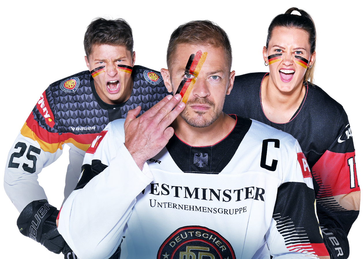 Verschiedene Spieler und Spielerinnen der deutschen Nationalmannschaften und Vereine schauen fokussiert in die Kamera.